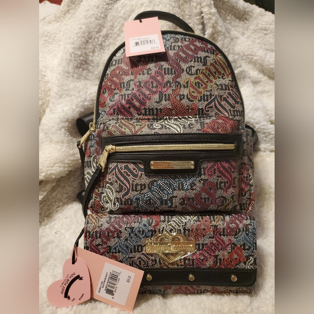 Juicy couture 3 backpack purses and 3 wallets 2 black and 1 multi colored